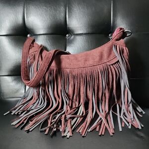 Fringe Suede Crossbody Shoulder Bag Purse Burgandy Grey